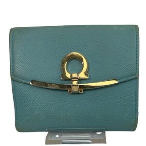 Salvatore Ferragamo Vintage Teal Leather Compact Wallet Gold Accent